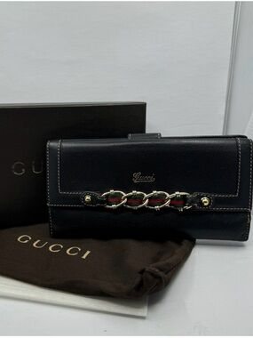 Gucci Black Leather Wallet with Gold Chain and Sherry line Web